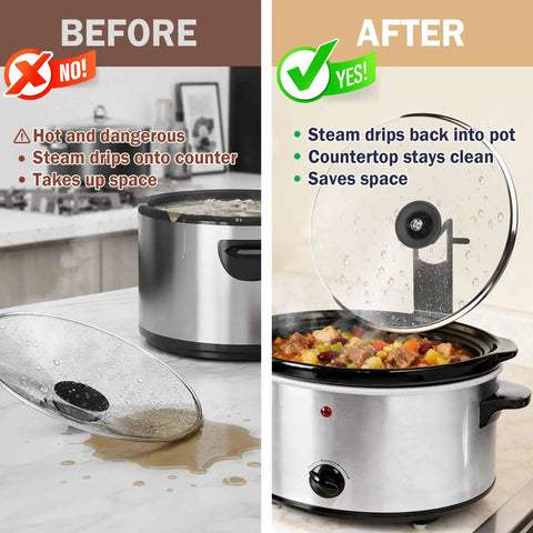 Before and after comparison of Premium Stainless Steel Slow Cooker Lid Holder And Crock Pot Stand Rack for steam-free cooking.