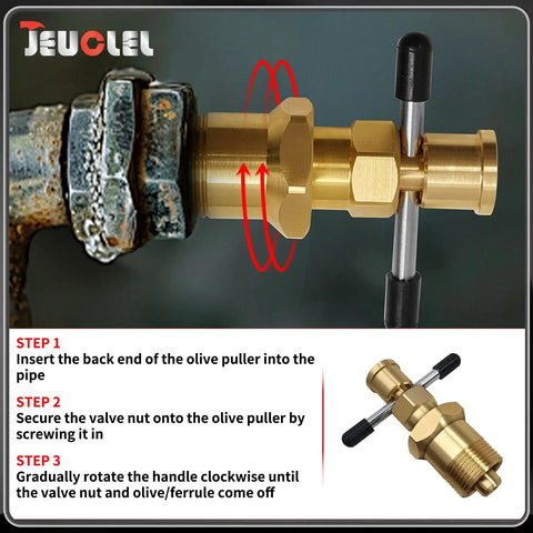 Olive Puller Tool For Brass Pipes Pro Grade Heavy Duty Pipe Olive Remover on rusted pipe with instructions visible