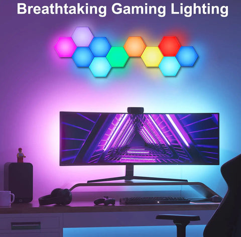 Hexagon LED Light Panels With Remote Control, Touch Sensor RGB Wall Decor Kit in gaming room setup above monitor