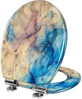 Elongated Toilet Seat Quiet Close for Home Bathroom Replacement with blue and beige marbled design, 14.5" x 18.5" size.