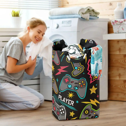 Heavy Duty Tough As Nails Laundry Hamper With Handle Foldable 52L Oxford Cloth Laundry Basket in gamepad print near washer