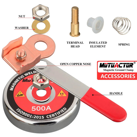 Beefy 500 Amp Magnetic Welding Ground Clamp With 3.34 Inch Quick Release Magnetic Mount components display