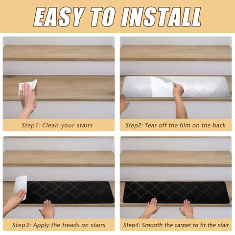 Installation steps for 8 By 30 Inch Stair Treads 15 Piece Non Slip Peel and Stick Indoor Rug Runner for Wooden Steps Black.