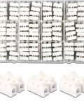 Quick Plug Electrical Cable Connectors 120 Pack 2 Pin in storage case, heavy duty flame retardant plastic terminals for easy wiring.