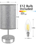 Tap To Dim 3 Way Bedside Table Lamp With Grey Fabric Shade, Compact Nightstand Light dimensions and dimmable bulb included