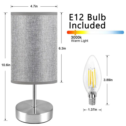 Tap To Dim 3 Way Bedside Table Lamp With Grey Fabric Shade, Compact Nightstand Light dimensions and dimmable bulb included