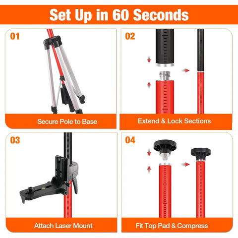 Setup guide for 12 Foot Telescoping Laser Level Pole With Tripod For Quick Setup And Precise Height Adjustment Pro Grade Dual Thread Adapter