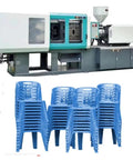Top Shelf Hydraulic Plastic Injection Molding Machine For Heavy Duty Commercial Production Supporting Multi Material Processing For Office Chairs And Household Goods Manufacturing with stacked blue plastic chairs.