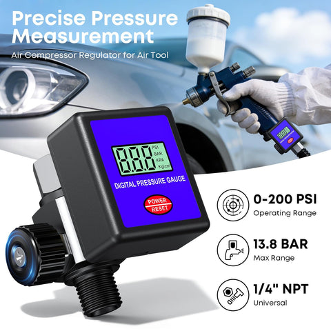 Digital Air Pressure Regulator Quarter-Inch NPT, Adjustable 0-200 PSI With Gauge for Air Compressors and Tools in use