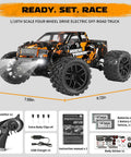 Image of One Eighteen Scale RC Monster Truck 18859 Four By Four Off Road Waterproof Electric Car with accessories and dimensions.