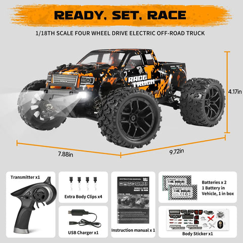 Image of One Eighteen Scale RC Monster Truck 18859 Four By Four Off Road Waterproof Electric Car with accessories and dimensions.