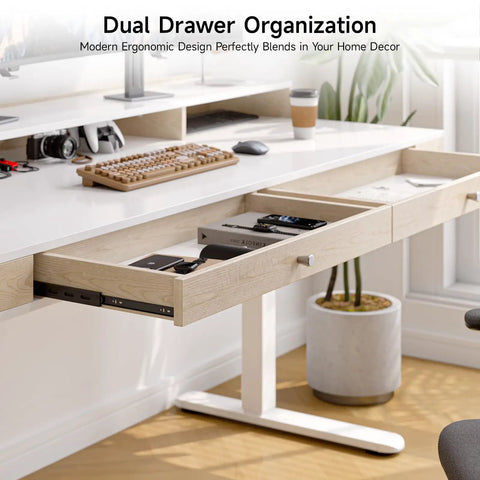 Sit Stand Desk With Drawers And Shelves 47 By 23.6 Inch Electric Height Adjustable Standing Desk With Storage Memory Presets 28 To 46 Inch Range White Finish For Computer Workstation And Home Office showing open dual drawers