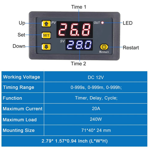 Dual Pack 12V DC Timer Delay Relay Module With 20A Capacity Programmable LED Digital Cycle Timer Plug And Play On Off Control 0ms To 999 Hours Easy Setup For Home Automation And Electronics, 71x40x24 mm