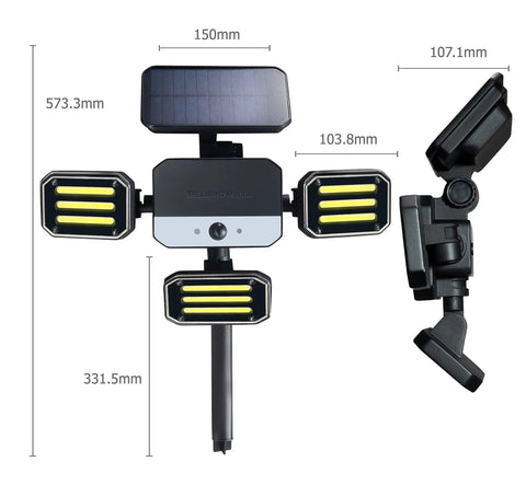 Dimensions and design of Solar Powered Outdoor Flood Light With Motion Sensor, 3 Head Wall Lights, Waterproof Patio Lighting.