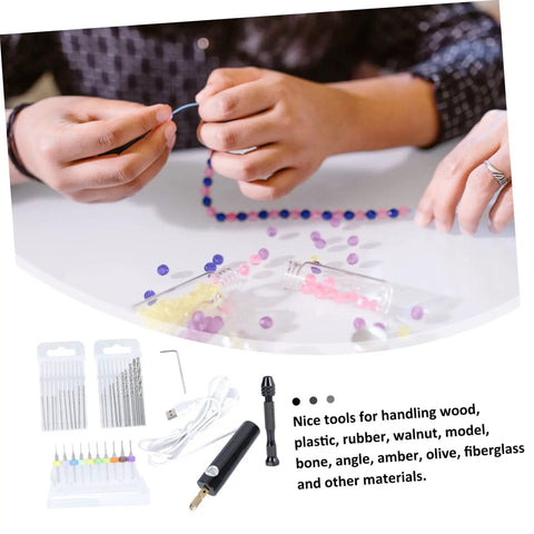 Mini Electric Drill Set For Jewelry Making And Crafting With USB Powered Mini Drill Twist Bits And PCB Accessories For Wood Engraving DIY Projects At Home, showing beads and drill components