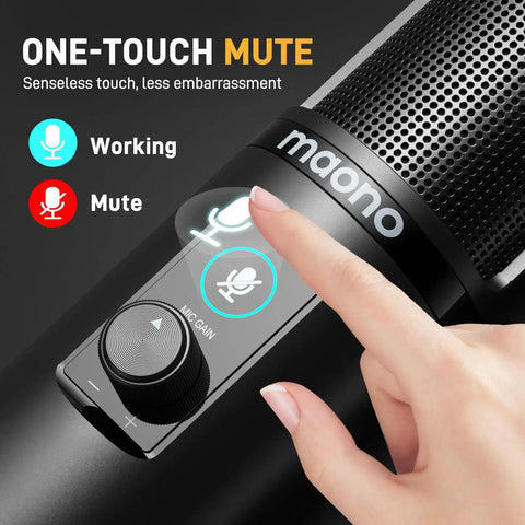 USB Condenser Microphone Kit For PC With One Touch Mute And Mic Gain Knob For Singing Podcast Streaming And Studio Sessions Delivering Rich Warm Clear Audio showing one-touch mute button.