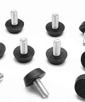 Top Shelf Adjustable Leveling Feet For Furniture Glides Featuring M8 Screw Mount Plastic Base Self Leveling Pads Rock Solid Floor Protector 20 Pack with metal and rubber components.