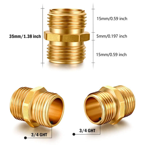 Heavy Duty Solid Brass Garden Hose Fittings Connectors Adapter Double Male To Male Faucet Leader Coupler Three Quarter GHT Thread No Leaks Durable Easy To Install 2 Pack