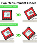 Rechargeable Digital Angle Finder Featuring Straight Up Tough V Shape Magnet And Auto Rotating Backlit Display highlighting measurement modes.