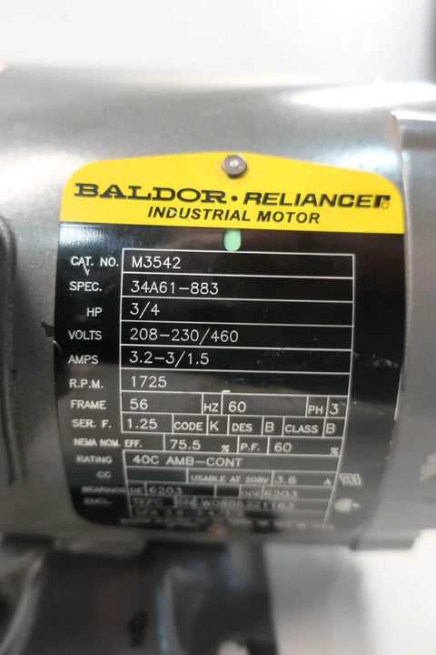 Label on Single 3-Phase AC Motor Frame 56 3/4 HP 1725 RPM 5/8 in (15.88 mm) Shaft 208-230/460V Sealed ball bearing compatible