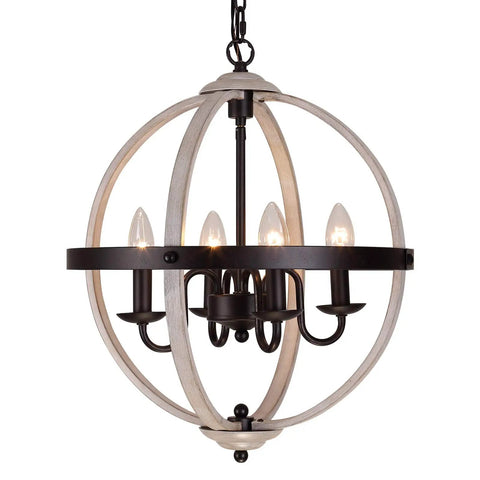 Dope Farmhouse Rustic Globe Orb Chandelier In Oak And White Finish Four Light Pendant For Dining Room Adjustable Hanging