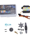 Heavy Duty 35Kg Digital RC Servo Featuring All Metal Gears And Beast Mode Response For Rock Solid Steering On 1/10 1/12 Scale RC Cars Trucks Robots And Custom Rigs in packaging with mounting accessories.