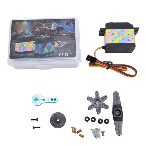 Heavy Duty 35Kg Digital RC Servo Featuring All Metal Gears And Beast Mode Response For Rock Solid Steering On 1/10 1/12 Scale RC Cars Trucks Robots And Custom Rigs in packaging with mounting accessories.