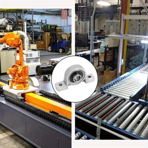 Industrial setting with conveyor and robotic arm, featuring 4 Pack Pillow Block Bearings 8mm ID Self Aligning Zinc Aluminum Alloy Flange Mount
