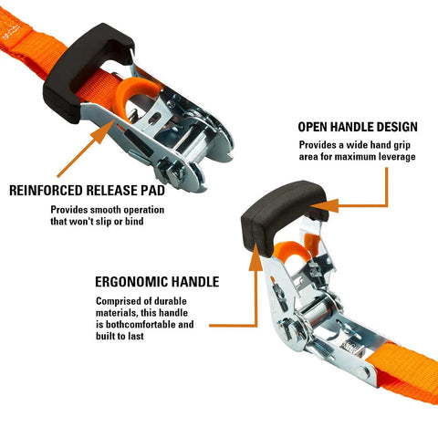 Close-up of Heavy Duty Ratchet Tie Down Straps With Hooks 1 Inch Wide 10 Feet Long Pack Of 6 featuring ergonomic handles.