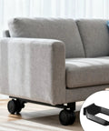 Grey sofa on castor wheels with inset image of black 8 Pack Wheel Stoppers Set Universal Caster Cups for 50mm Bed Frames and Office Chair Wheels