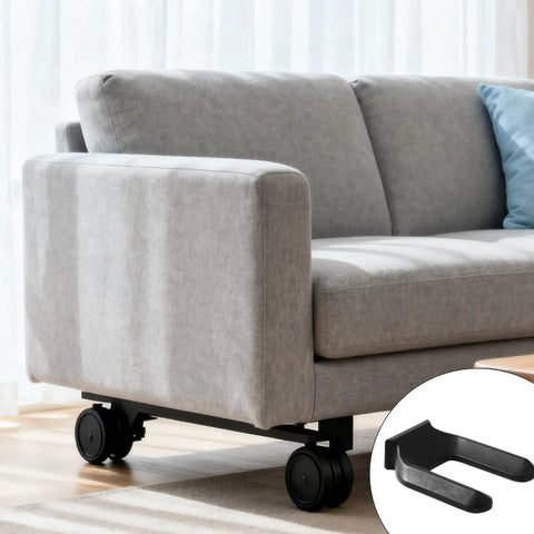 Grey sofa on castor wheels with inset image of black 8 Pack Wheel Stoppers Set Universal Caster Cups for 50mm Bed Frames and Office Chair Wheels