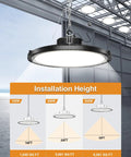 10 Pack UFO LED High Bay Light 250W 37500LM 5000K Daylight IP65 shown installed in warehouse with installation height chart