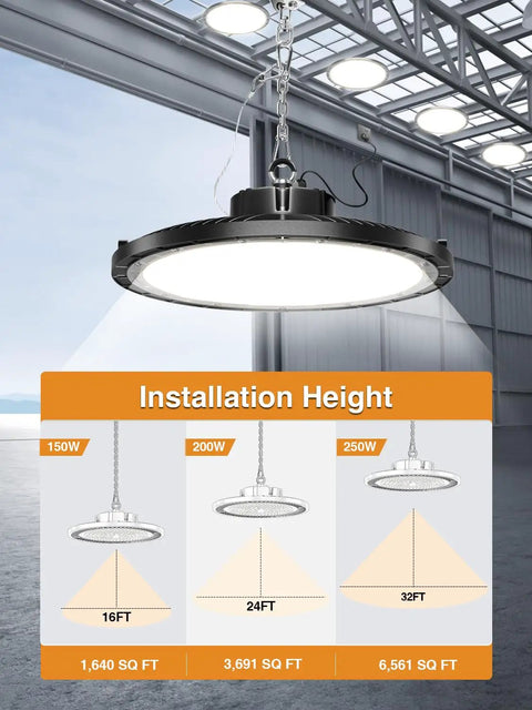10 Pack UFO LED High Bay Light 250W 37500LM 5000K Daylight IP65 shown installed in warehouse with installation height chart