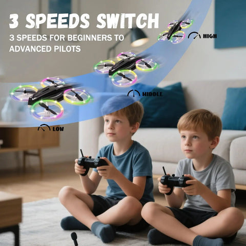 Kids flying toy demonstration with 3 speed mode, two boys using controllers, Kids RC Drone With Altitude Hold Headless Mode Propeller Guards LED Lights And 3 Speed Modes Easy One Key Takeoff And Landing Dope Gift For Boys And Girls visible
