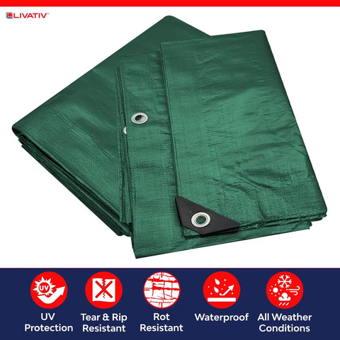 Heavy Duty 20x20 Waterproof Poly Tarp Cover, 10 Mil Thick Green And Black Tarpaulin With Aluminum Grommets, folded view