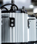 Industrial engines in a row, with visible cooling fins and bolts, showcasing mechanical detail.