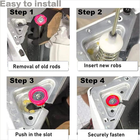 Installation steps for Top Shelf Heavy Duty Washing Machine Suspension Rods Shock Absorbers Replacement Kit with stainless steel springs.