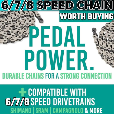 Durable 6/7/8 Speed Bicycle Chain 1/2 Inch By 3/32 Inch, 116 Links, shown coiled with text 'Pedal Power' and 'Compatible with 6/7/8 Speed Drivetrains'.