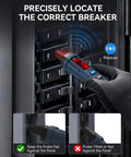 All In One Circuit Breaker Finder With LCD Display GFCI Outlet Tester And Electrical Tracer Tool 90 To 130 Volt NCV Test Flashlight Carrying Case And Adapter With Alligator Clips. Hand holding tester against breaker panel.
