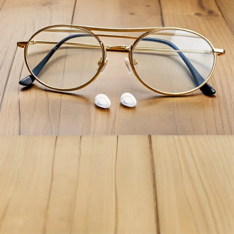 Push In Silicone Nose Pads For Glasses 50 Pack Non Slip Waterdrop Cushions on wooden surface next to stylish eyewear.