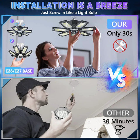 Person installing 2 Pack 200W LED Garage Lights, 20000 Lumens Daylight 6500K, E26 E27 base, highlighting easy install versus other lights.