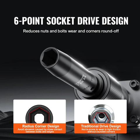 6-point socket drive design with radius corner design reducing wear, part of Half Inch Drive Impact Socket Set, 65-Piece SAE And Metric.