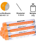 Pack Of Six 60-40 Rosin Core Solder Wire 0.6mm Electrical Soldering Wire, 20g Each For Electronics Projects shown in tubes