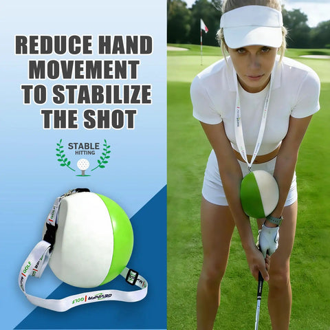 Golf Swing Trainer Ball For Solid Forearm Connection And Clean Impact Position, woman using it on a golf course.
