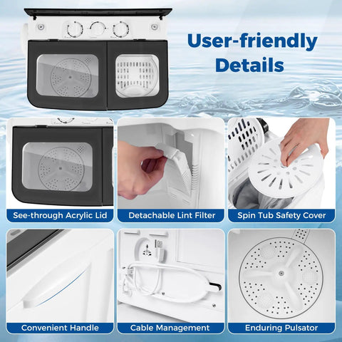 Compact Twin Tub Portable Washing Machine Featuring High Speed Drain Pump Quick Spin Dryer Combo user-friendly design with acrylic lid and lint filter.