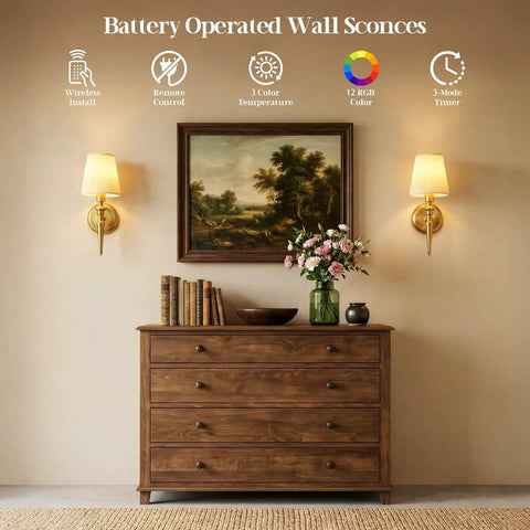 Battery Powered Wall Sconces Set Of Two with remote control, featuring warm light and elegant design enhancing a cozy interior.