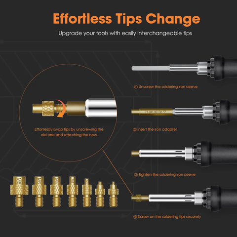 Heat Set Insert Tips For Threaded M2 To M8 Inserts, Soldering Iron Tips For Plastic 3D Printed Parts, Quick No Fuss Install With Common Hobby Irons, Includes M2 M2.5 M3 M4 M5 M6 M8 Sizes shown with installation process and soldering iron.
