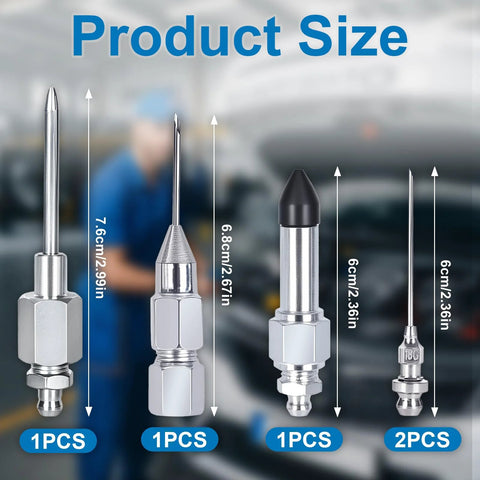 5-piece grease gun needle accessory set, front view, includes dispenser, rubber coupler, detachable tip and two nozzles