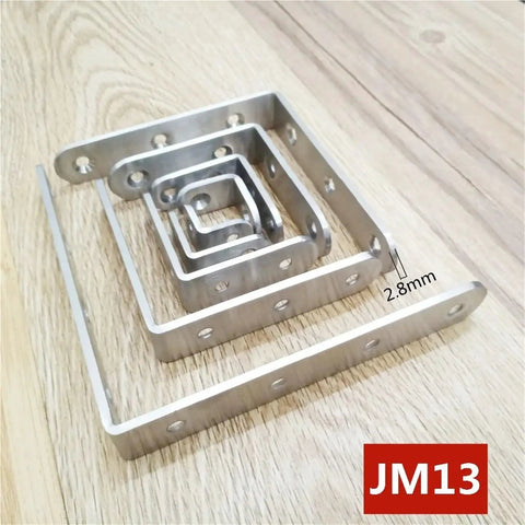 10 Pack 3mm Stainless Steel Corner Brace Brackets Heavy Duty L Shaped Angle Supports With Satin Finish, showing various sizes.