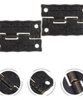 Close-up of two dark brown metal hinges, detailing the vintage pattern, part of Vintage Printed Antique Cabinet Hinges 10 Pack For Small Jewelry Boxes And Wooden Craft Boxes Decorative Hardware For DIY Furniture Makeovers Old School Charm Treasure Chest And Trinket Storage Retro Chest Hinges.
